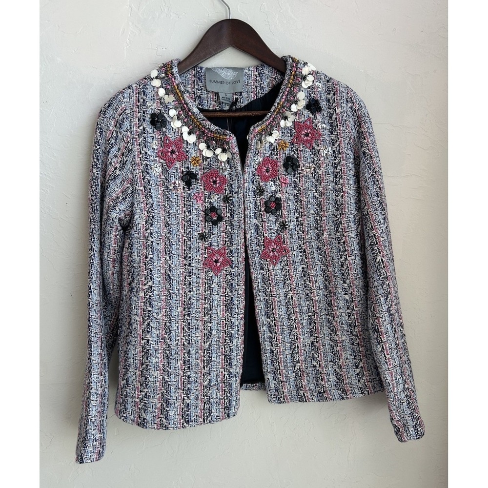 Anthropologie Summer Of Love Floral Beaded Tweed Jacket S‎ NWT Retro Colorful